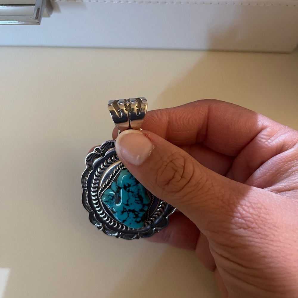 Authentic Navajo Sterling Silver Large Pendant with Turquoise by Sunshine Reeves - Picture 7 of 7